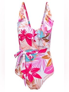 NEW White Palm Beach Tropical Print One Piece Swimsuit Swim Full Coverage NWOT